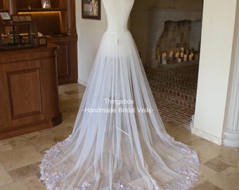 Powder Blue 3D Floral Lace Wedding Veil Train, Handmade Cathedral Bridal Veil Train with Crystal Rhinestones & Pearls, Pink Blue Floral Veil