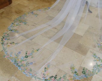 Blue Floral Lace Veil Long Round Bridal Veil Cream Color Leaf lace Wedding Veil Colorful Flowers,Vintage Church Veil Comb,Custom Veil