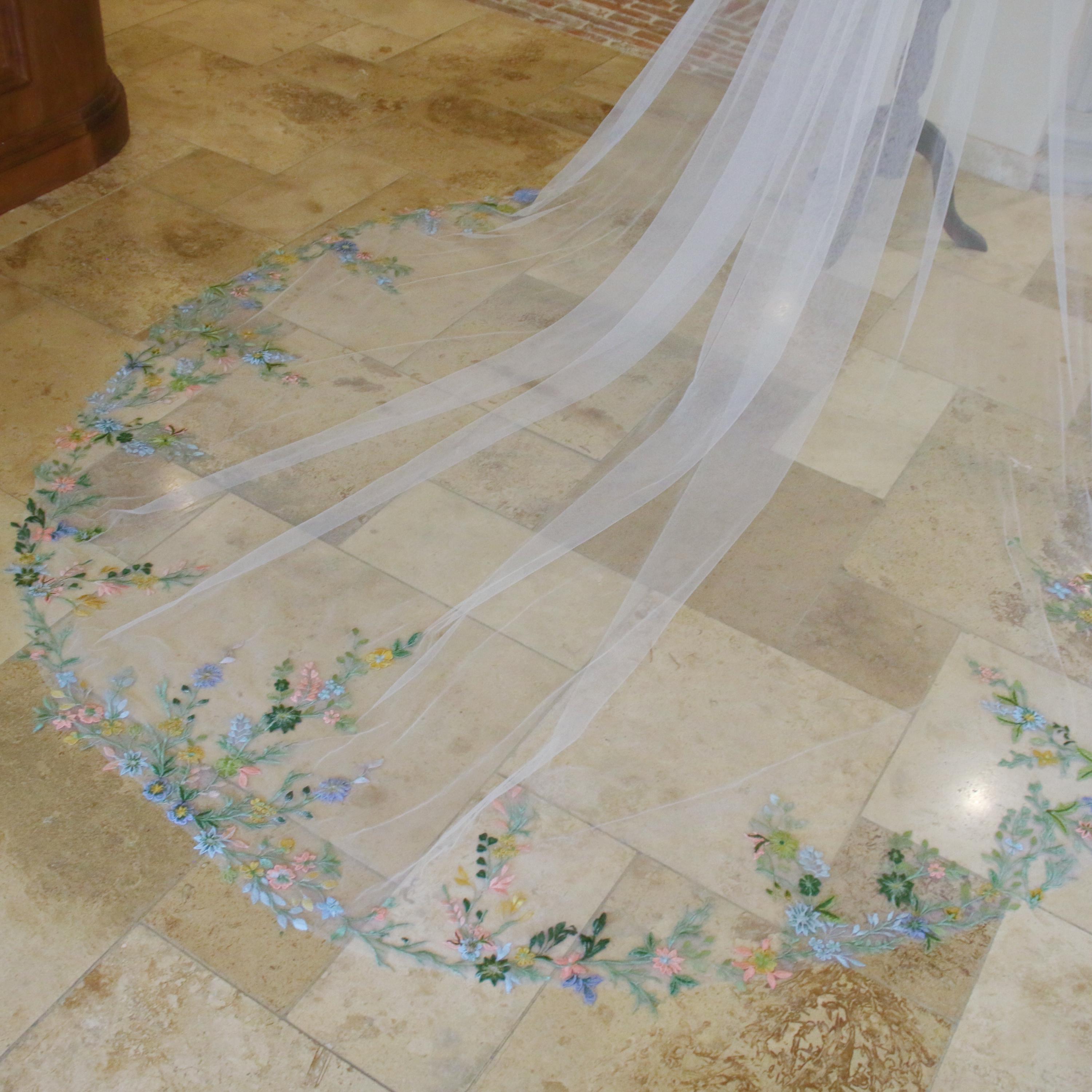 Blue Floral Lace Veil Long Round Bridal Veil Cream Color Leaf lace Wedding Veil Colorful Flowers,Vintage Church Veil Comb,Custom Veil