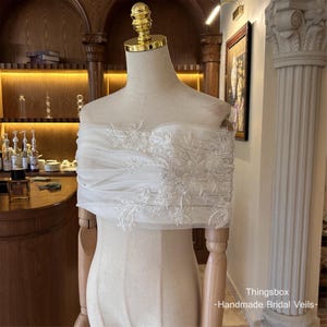 Off the Shoulder Bridal Wrap, Beaded Lace Wedding Shawl, Sequined Lace Ivory Bridal Dress Topper, Semi-sheer Wedding Cape, Shoulder Cover Up