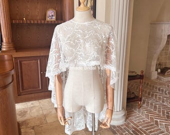 Soft Lace Bridal Cape, Short Long Cape Train,Beach Wedding Shoulder Cape, Outdoor Event, Lightweight Cover-Up for Dress