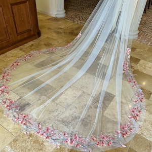 Handcrafted Pink Beaded Floral Embroidered Bridal Veil - Elegant Custom Wedding Veil with Delicate Flower Details Cathedral Veil Comb