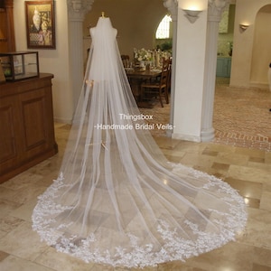May include: A long, white bridal veil with a delicate lace trim. The veil is made of soft tulle and is perfect for a classic wedding look.