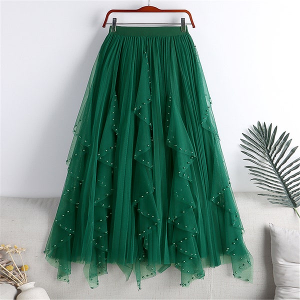 Beaded Fluffy Tulle Tiered Skirt,layered Skirt,Solid Multilayer Tulle Skirt,Pleated Tulle Full Skirts,Elastic Long Mesh Tutu Skirt