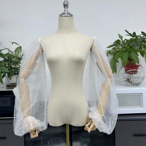 Puff Sleeves with Pearls, Bubble Sleeve for Dress, Sleeves add on, Removable Bridal Sleeves, Tulle Detachable Wedding Dress Sleeve Sheer