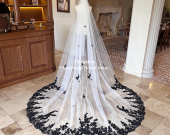 Black Floral Lace Veil Bridal Veil Pearl Floral, Embroidery Lace Wedding Veil, Cathedral Veil,Custom Veil with Comb,Enchanting Veils