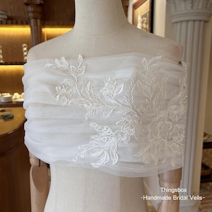 Flower Lace Wedding Shawl Off Shoulder Bridal Wrap, Ivory Floral Lace Bridal Dress Topper, Semi-sheer Wedding Cape, Shoulder Cover Up