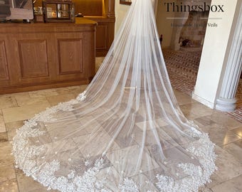 Delicate Clear Sequin Floral Lace Wedding Veil, Flower Lace Veil, Soft Sheer Tulle Veil with Comb,108" Chapel Cathedral Veil Ivory White