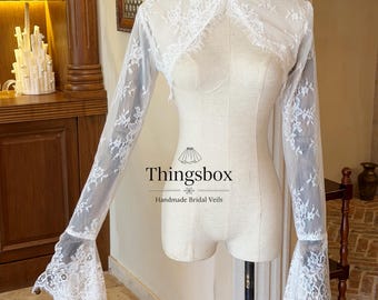 White Lace bell sleeve lace bolero,Lace Bridal Sleeves,Wedding Long Sleeves Jacket,Satin Button Sleeves,Matching With Strapless Dress