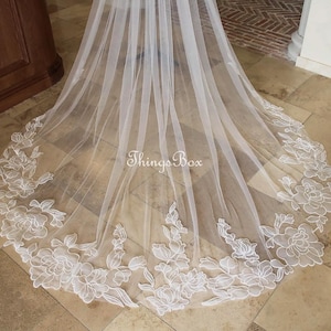Leave Lace Wedding Veil Leaves Lace Bridal Veil 1 Tier Veil Tulle, Chapel Cathedral Veil Floral Leaf Veil with Comb Ivory White Veil
