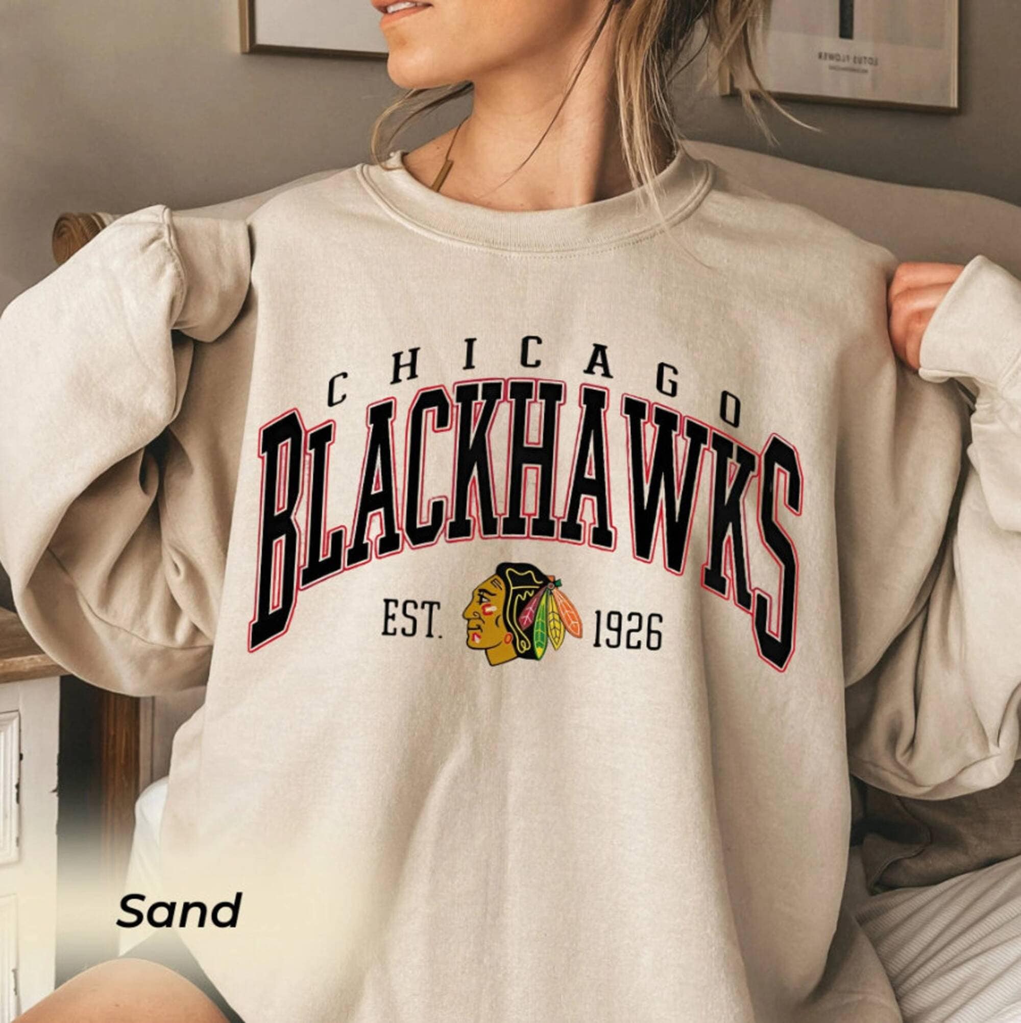 Chicago Blackhawks Retro Brand Charcoal Retro Vintage Logo LS Crew T-Shirt