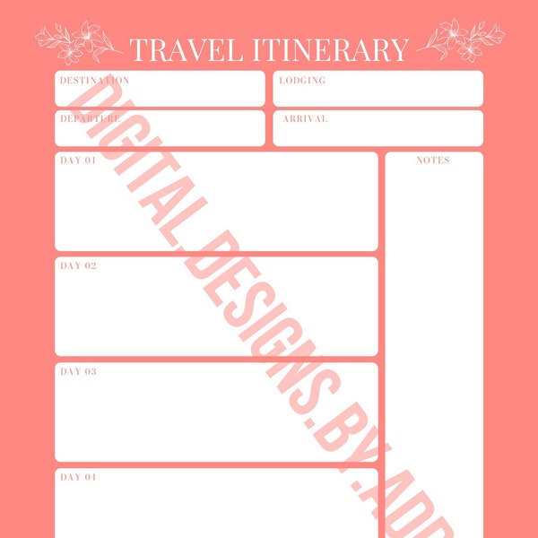 Coral Minimalist Vacation Planner/Travel Itinerary - Simple Summer Theme with Flowers