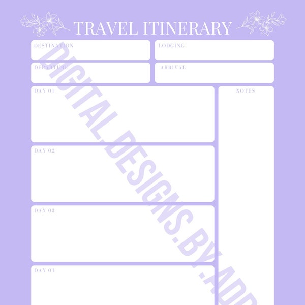 Pastel Purple Minimalist Vacation Planner/Travel Itinerary - Simple Summer Theme with Flowers