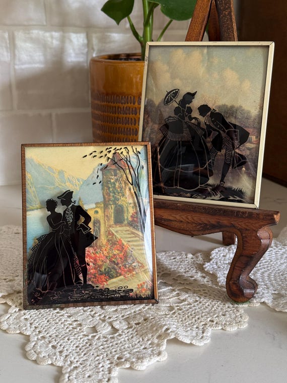 Vintage 1930s Reverse Painted Silhouette Art Pair