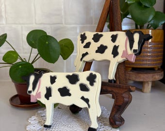 Vintage 1980s Cow Wall Plaques Set of 2 Black White Holstein Pink Bows USA