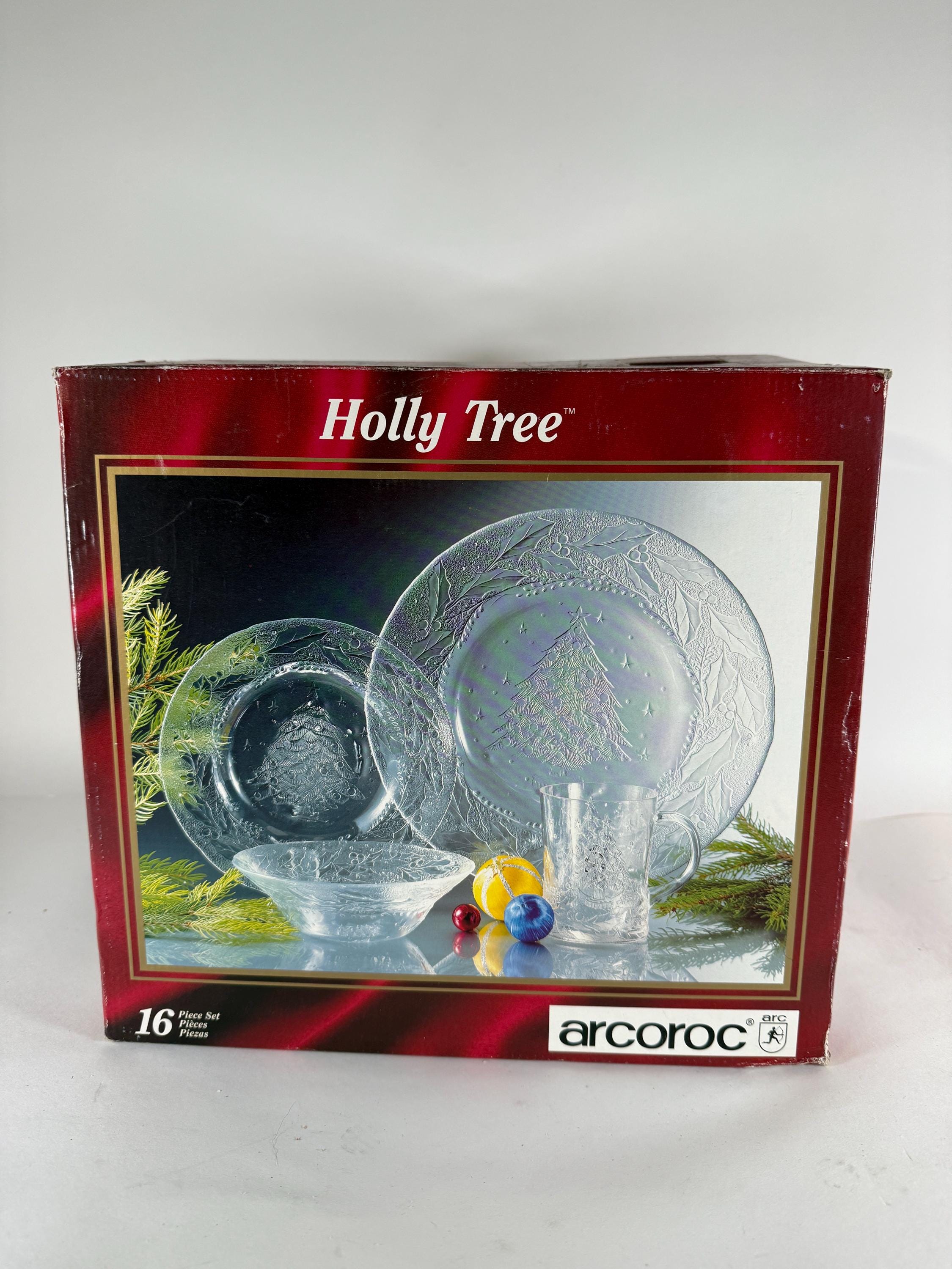 Arcoroc Holly Tree 16 Piece Glass Dinnerware Set Christmas - Etsy