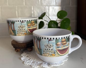 Vintage 1999 Debbie Mumm Garden Vignette Soup Chili Mugs Set of 2 Sakura Folk Art