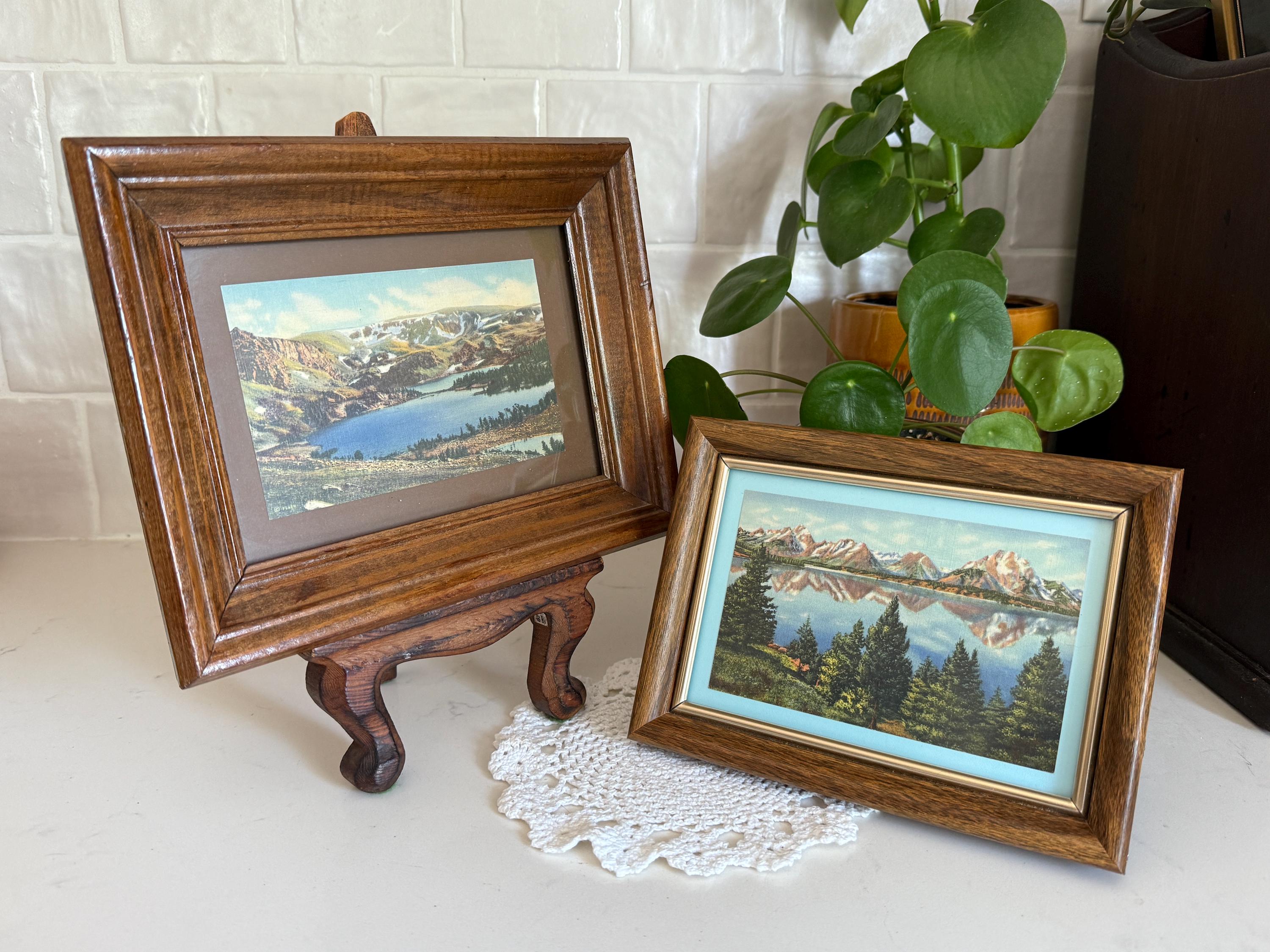 Vintage Oak Picture Frame Pair with Scenic Postcards