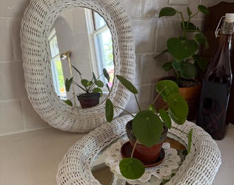 Vintage White Wicker Wall Mirrors Pair