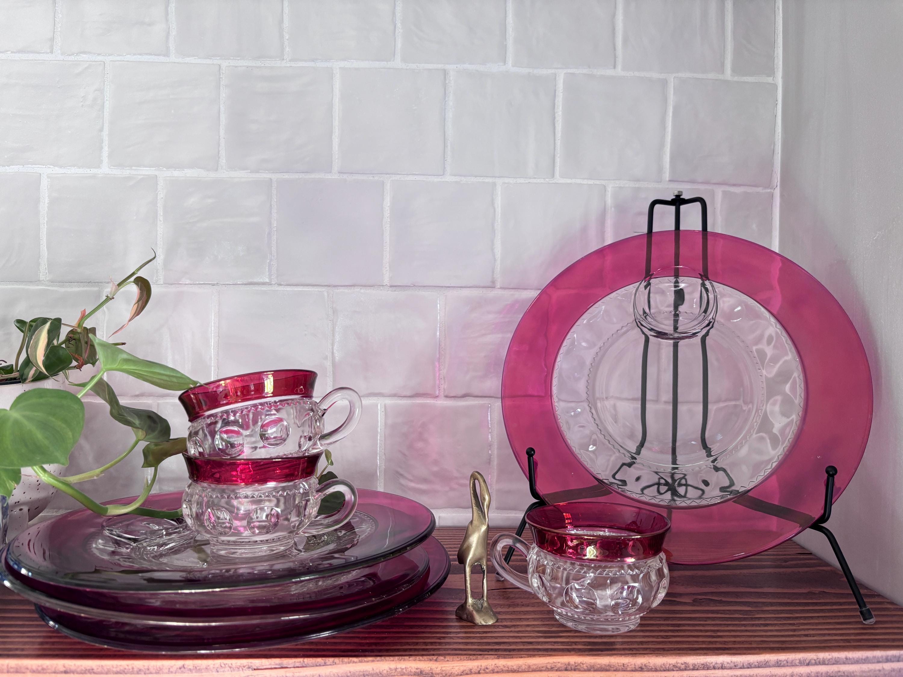Vintage Indiana Glass King’s Crown Snack Plate in cranberry red, Set of 3, one additional dinner plate.