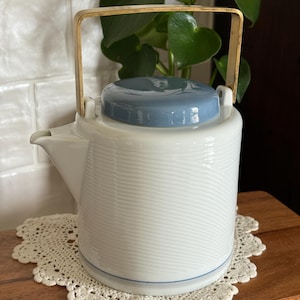 Vintage Dansk Tapestries Teapot with Brass Handle – White & Blue Japan Pot