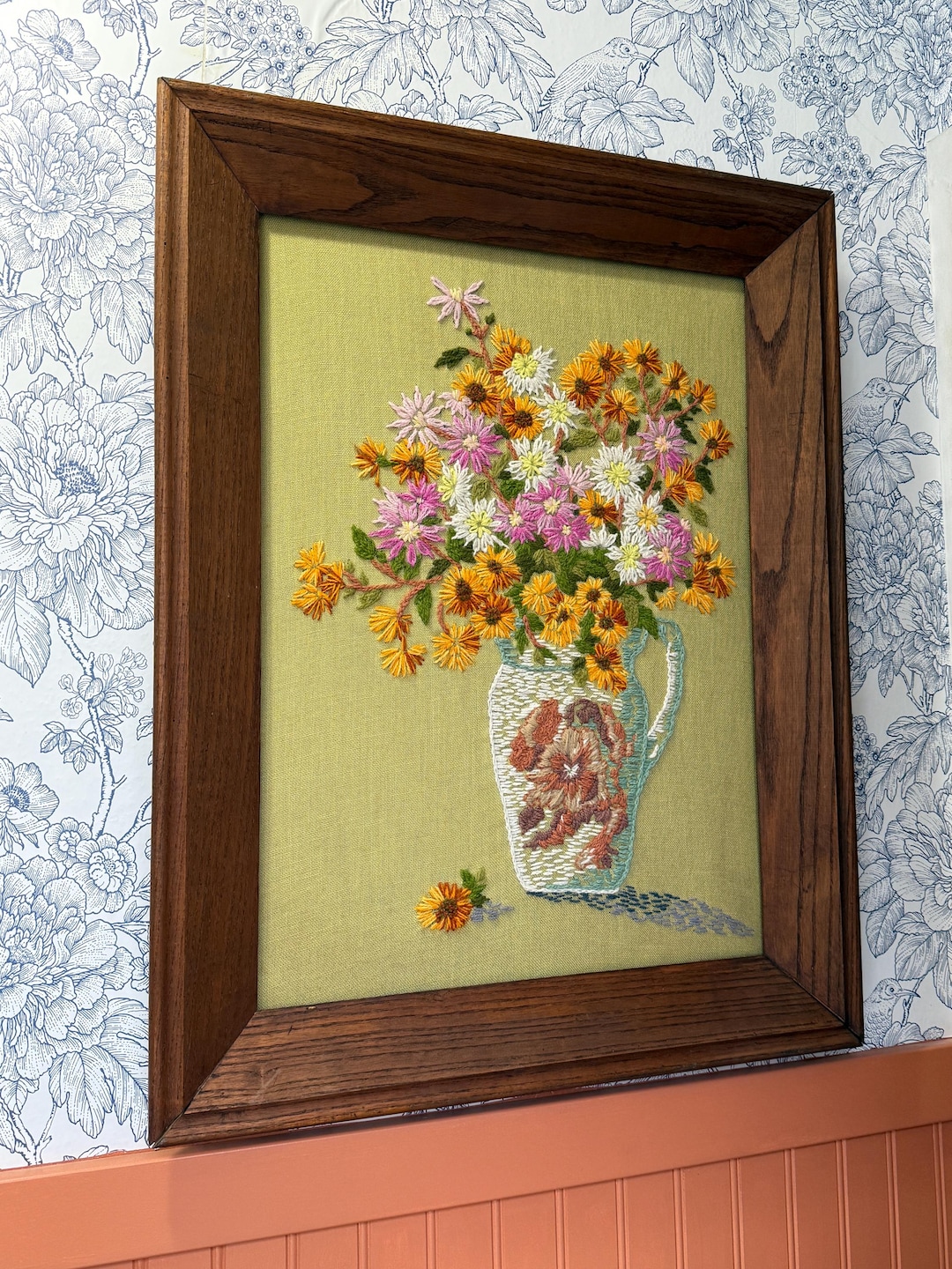 Large Vintage Crewel Embroidery Floral Wall Art Solid Wood Frame ...