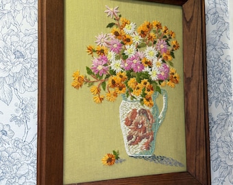 Large Vintage Crewel Embroidery Floral Wall Art Solid Wood Frame Needlework Flower Vase