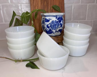 Vintage Fire King Anchor Hocking Milk Glass Ramekins, small baking bowls two different sizes
