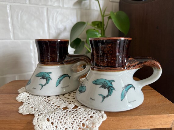 Vintage No-Spill Mugs Set: Feltman-Langer 1982 Fish Design, Set of 2