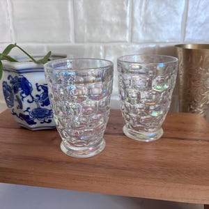 Vintage Iridescent Glass Tumblers | Set of 2 Textured Juice Glasses | Retro Rainbow Drinkware | Federal Glass Colonial Style