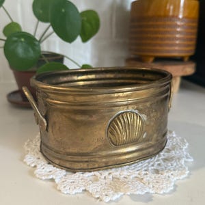 May include: An oval brass planter with a weathered patina, featuring two small side handles and a raised shell motif on the front. The container has a smooth, rounded rim and a deep interior, showcasing a metallic gold-toned finish throughout.