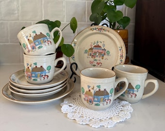 Vintage Heartland Village Stoneware Tea Cup & Saucer 9 Pc Set