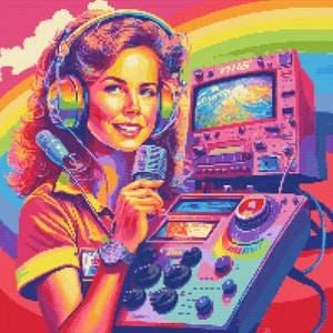 May include: A woman with long brown hair wearing a headset and holding a microphone is sitting in front of a vintage-style audio mixing board with a monitor displaying a rainbow landscape. The board has a variety of knobs, buttons, and sliders.