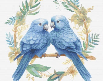 Blue Parakeets 1 Cross-Stitch Pattern Digital Download