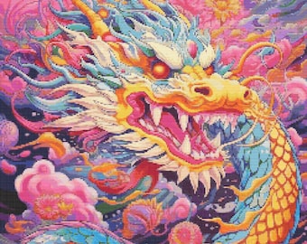 Dragón chino en colores brillantes 2 Patrón de punto de cruz Descarga digital