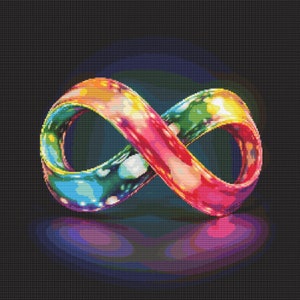May include: A colorful infinity symbol with a rainbow gradient, rendered in a 3D style with a reflective surface. The symbol is set against a dark background with a blurred, iridescent glow.