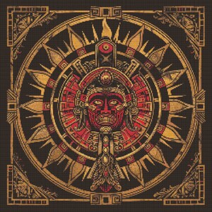 Puede incluir: Una ilustración estilizada de una máscara de inspiración azteca roja y dorada con un tocado de plumas. La máscara está rodeada por un diseño circular con patrones geométricos y un efecto de rayos de sol.