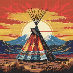 Könnte beinhalten: Eine farbenfrohe Illustration eines Tipis in einer Wüstenlandschaft mit einem Sonnenuntergang im Hintergrund. Das Tipi ist mit geometrischen Mustern in Blau, Rot und Weiß verziert. Der Sonnenuntergang ist in leuchtendem Orange und Rot mit Wolken am Himmel.