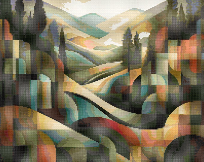 Featured listing image: Geometric Landscape 1 Cross-Stitch Pattern PDF Instant Download for Landscape Cross-Stitchers