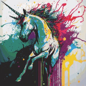 Digital nedladdning av Paint-Splatter Unicorn 1 korsstygnsmönster