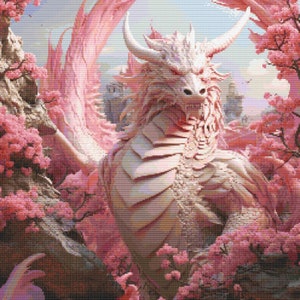 May include: A white dragon with pink wings stands in a field of pink cherry blossoms. The dragon has a fierce expression and sharp claws.