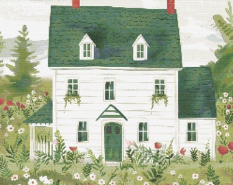 May include: A white farmhouse with a green roof and green trim. The house has a front porch with a white picket fence. The house is surrounded by a lush green lawn with red and white flowers.