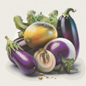 May include: A still life of various vegetables, including eggplants, a yellow tomato, and a striped purple and white globe. The eggplants are a deep purple, and the tomato has yellow and orange hues. Green leaves and small seeds complete the composition.