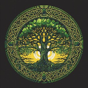 May include: A green and yellow tree of life design with a Celtic knot border. The tree is stylized with a thick trunk and branches, and the leaves are represented by small squares.