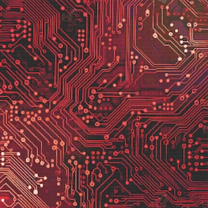 May include: Abstract digital background featuring a red and black circuit board pattern. The pattern consists of thin lines and small circles, forming a complex and intricate design.