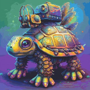 May include: A colourful, stylised, steampunk turtle with a large, detailed shell and glowing eyes. The turtle is wearing a helmet with a large, round, clear dome and a pair of goggles. The turtle is standing on a purple and blue background.