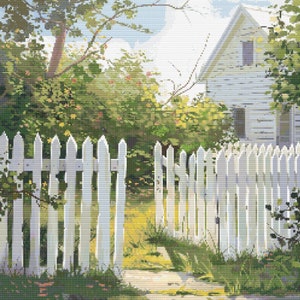 White Picket Fence Scene 7 Cross-Stitch Pattern Digital Download