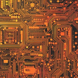 May include: Abstract digital art featuring a close-up of a circuit board with orange and yellow wiring on a black background.