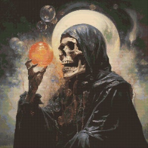May include: Digital art print of a skeletal figure in a hooded cloak holding a glowing orange orb. The background features a full moon and ethereal bubbles, creating a mystical and fantasy theme.