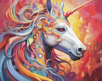 レインボーユニコーンのクロスステッチパターン、ユニコーンの手刺繍